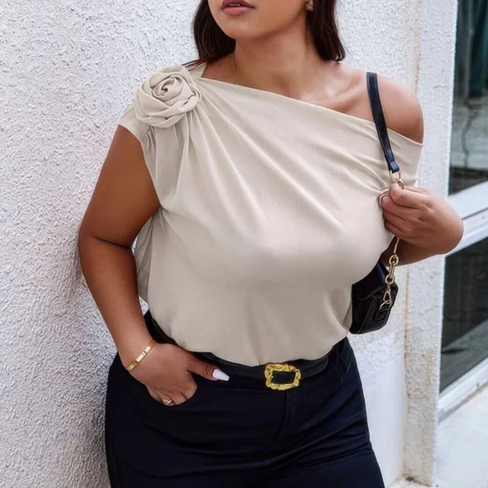 Beige Plus One Shoulder Top | Asymmetric Blouse with Floral Accent - Picture 2 of 4